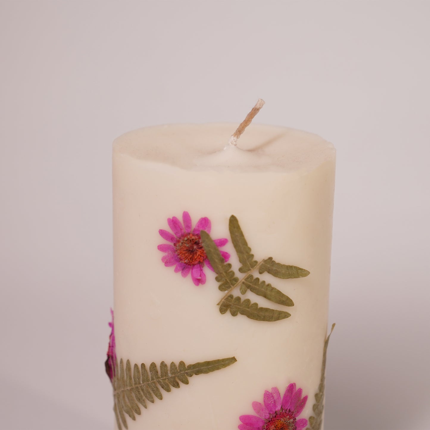 Botanical Pillar Candle – Real Dried Flowers & Fern